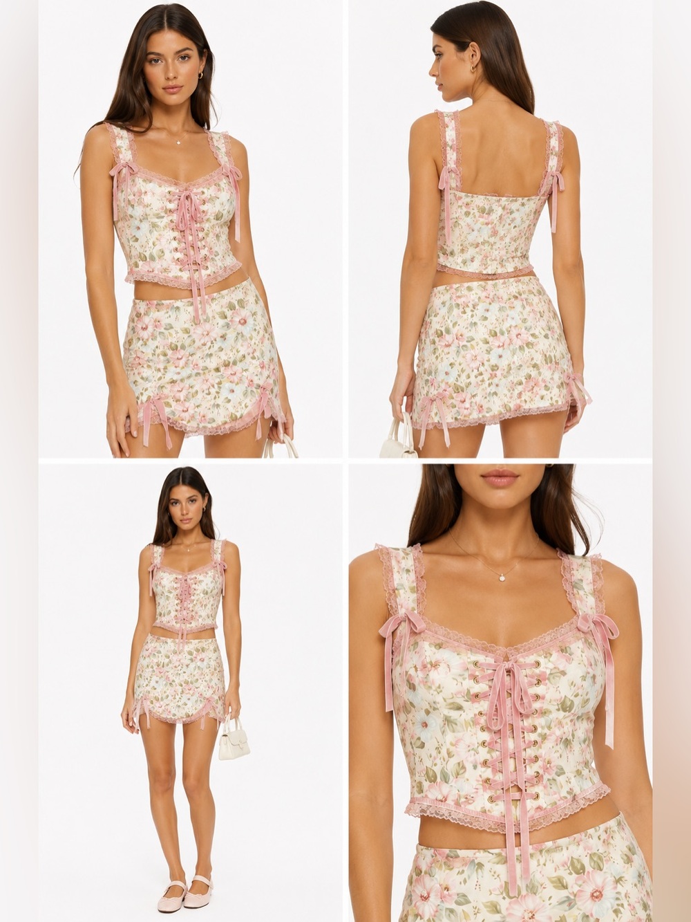 Floral Cottagecore Corset Top Mini Skirt 2 piece Set Pink Lace Co-Ord XS–S - Picture 2 of 7